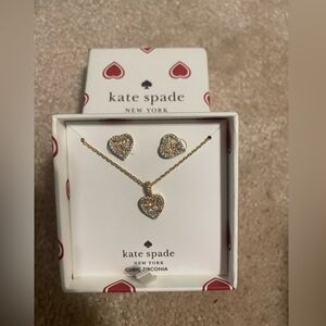 NIB Kate Spade New York Silver Gold Heart Necklace Earrings Set Cubic Zirconia